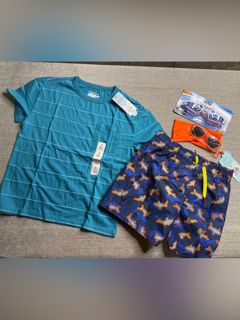 Boys Size 6/7 Swim Bundle Shark Trunks Shirt Goggles Sunglasses NWT